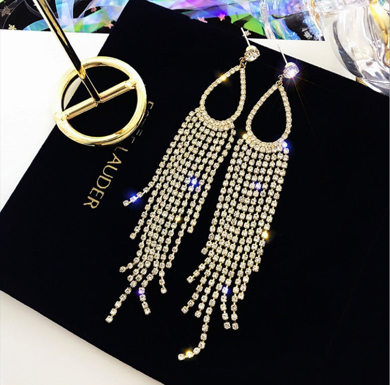 Needle Exaggerated Diamond Geometric Tassel Long Earrings