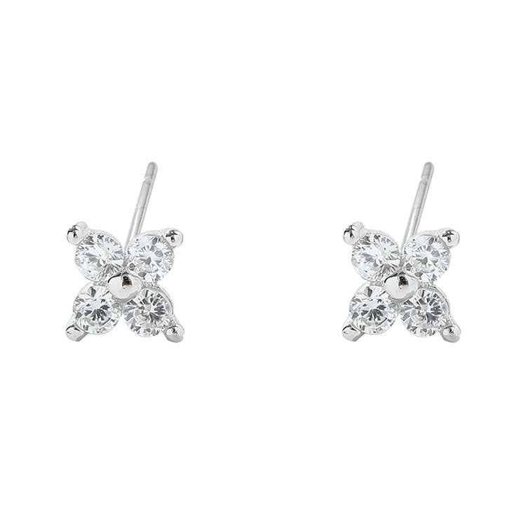 Sterling Sier Four Leaf Clover Ear Zircon Flower Rings