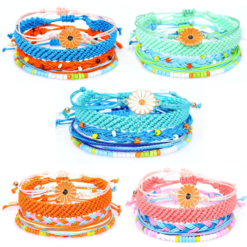 Waterproof Wax Line Woven Sunflower Daisy Mixed Color Bracelets