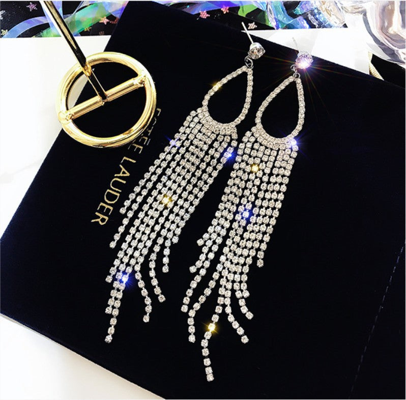 Needle Exaggerated Diamond Geometric Tassel Long Earrings