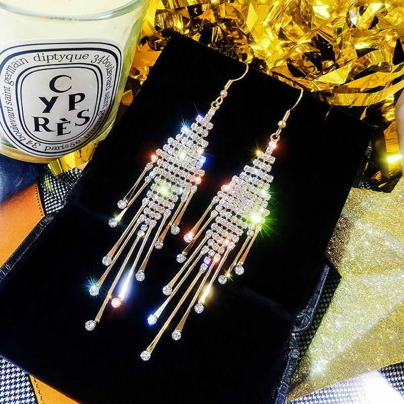 Needle Exaggerated Diamond Geometric Tassel Long Earrings