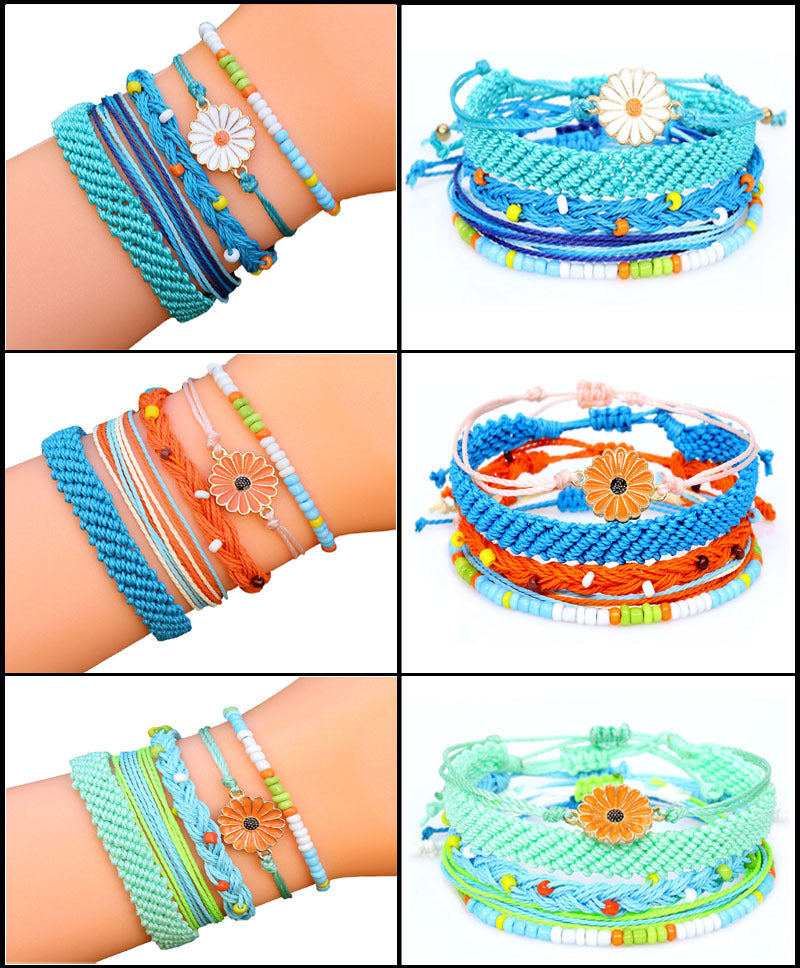 Waterproof Wax Line Woven Sunflower Daisy Mixed Color Bracelets