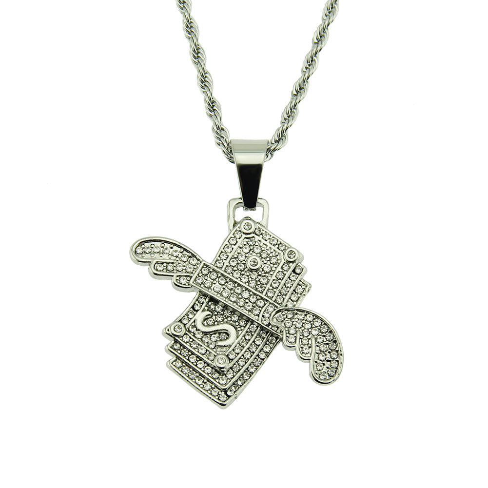 Men's Diamond Angel Wings Dollar Pendant Fashion Necklaces