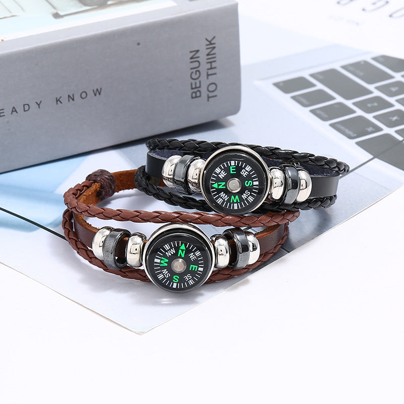 Button Cattle Leather Woven Outdoor Compass Bracelets