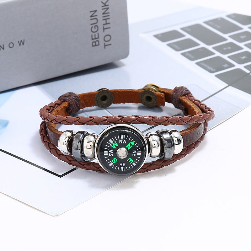 Button Cattle Leather Woven Outdoor Compass Bracelets