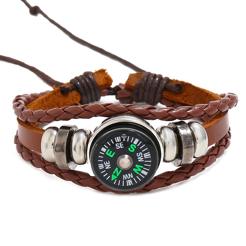 Cattle Leather Woven Outdoor Compass Jewelry Bracelets