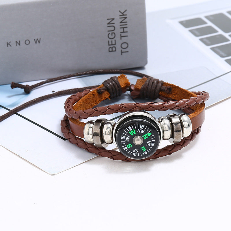 Cattle Leather Woven Outdoor Compass Jewelry Bracelets