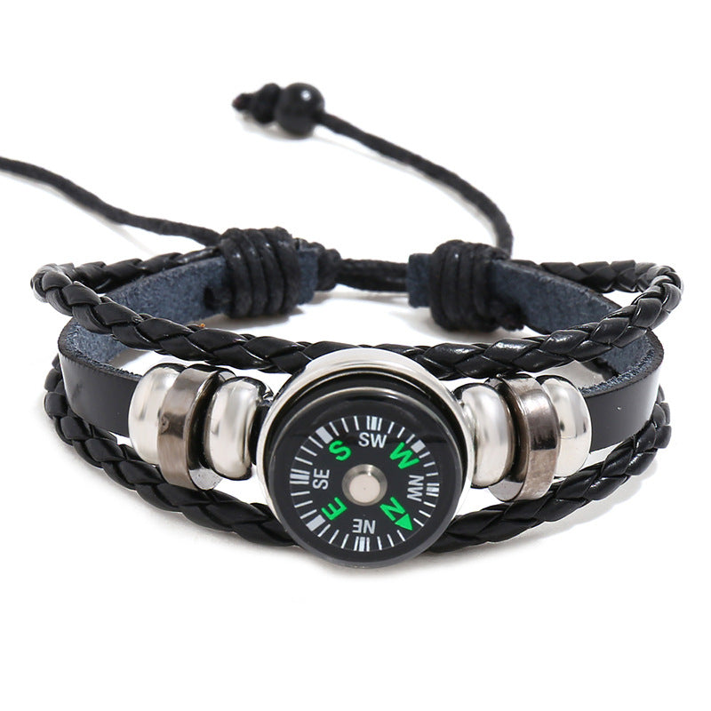 Cattle Leather Woven Outdoor Compass Jewelry Bracelets