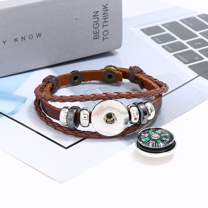 Button Cattle Leather Woven Outdoor Compass Bracelets