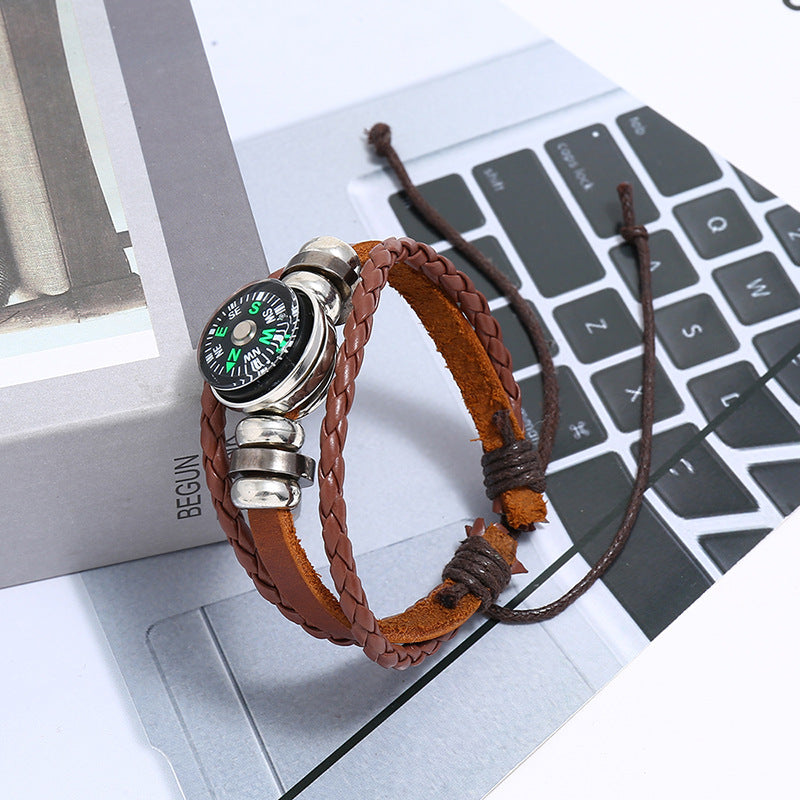 Cattle Leather Woven Outdoor Compass Jewelry Bracelets