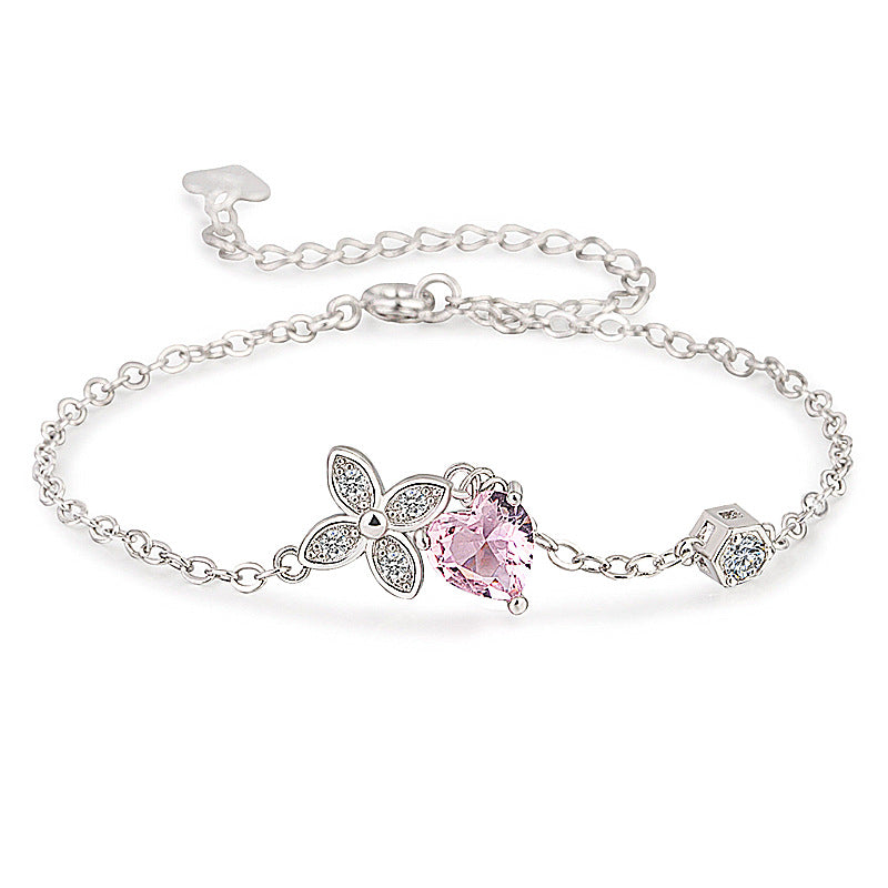 Bracelets femme trèfle diamant rose fleur de pêcher en forme de coeur