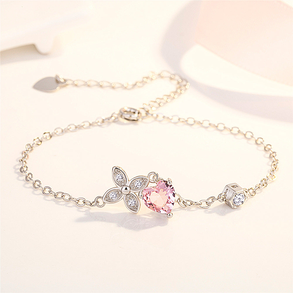 Bracelets femme trèfle diamant rose fleur de pêcher en forme de coeur