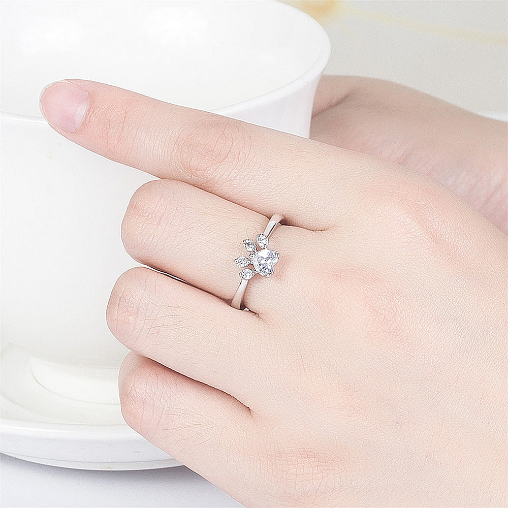 Inlaid Zircon Footprints Graceful Cute Animal Dog's Rings