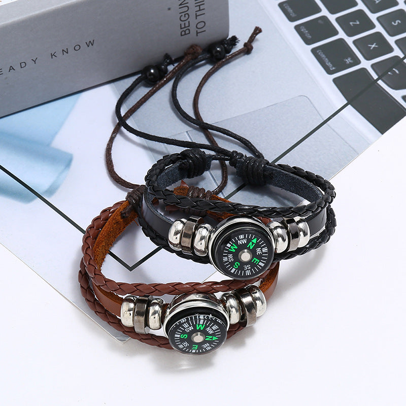 Cattle Leather Woven Outdoor Compass Jewelry Bracelets