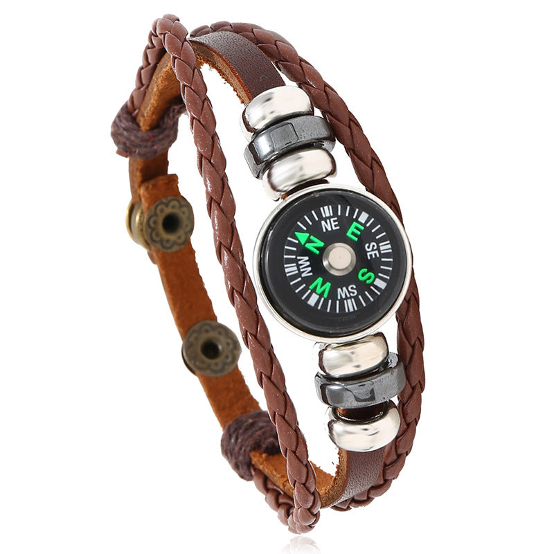 Button Cattle Leather Woven Outdoor Compass Bracelets