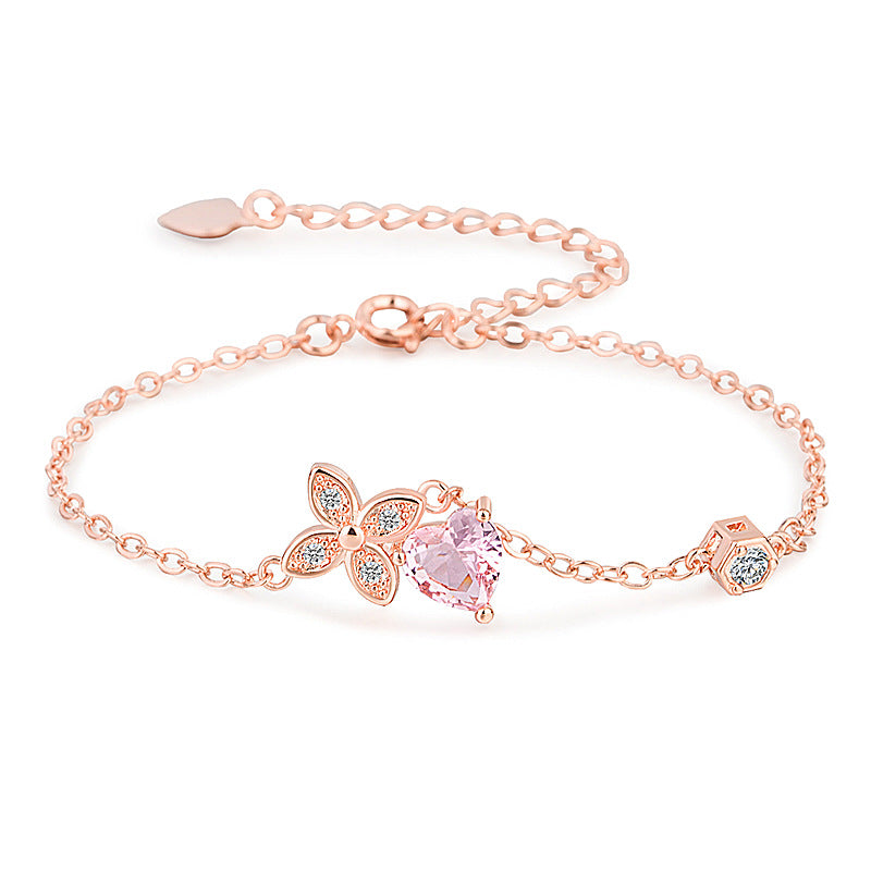 Bracelets femme trèfle diamant rose fleur de pêcher en forme de coeur