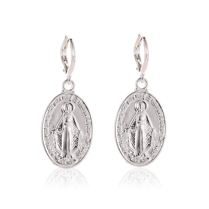 Vintage Virgin Mary Portrait Female Style Alloy Round Statue Earrings