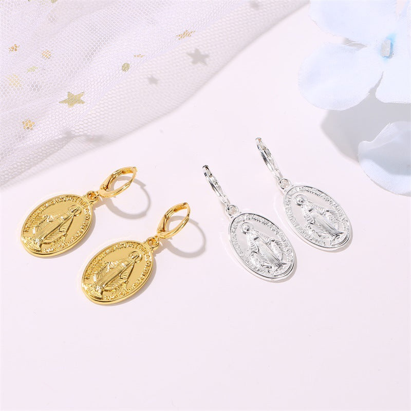 Vintage Virgin Mary Portrait Female Style Alloy Round Statue Earrings