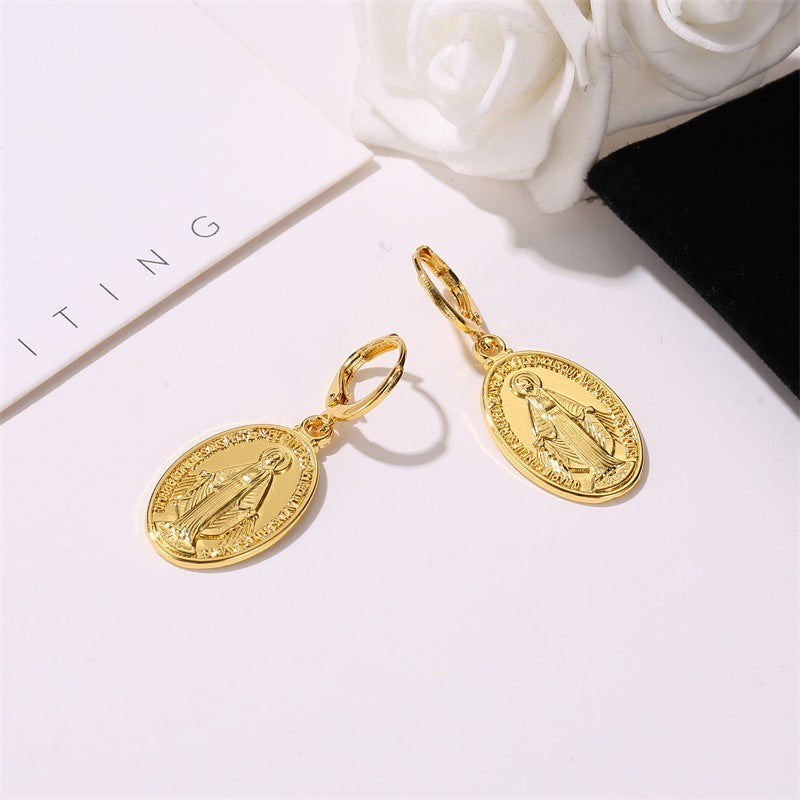 Vintage Virgin Mary Portrait Female Style Alloy Round Statue Earrings