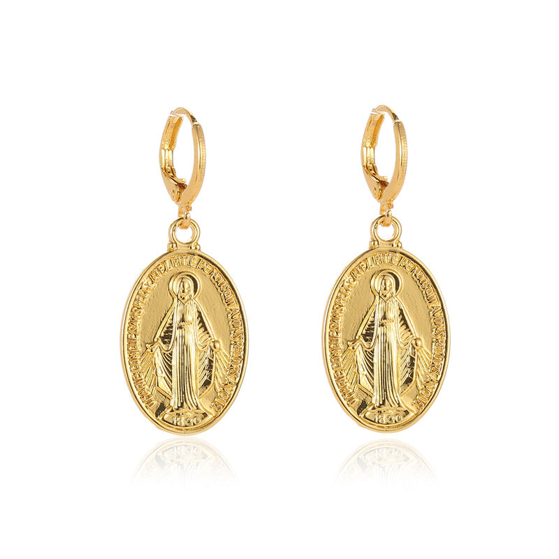 Vintage Virgin Mary Portrait Female Style Alloy Round Statue Earrings