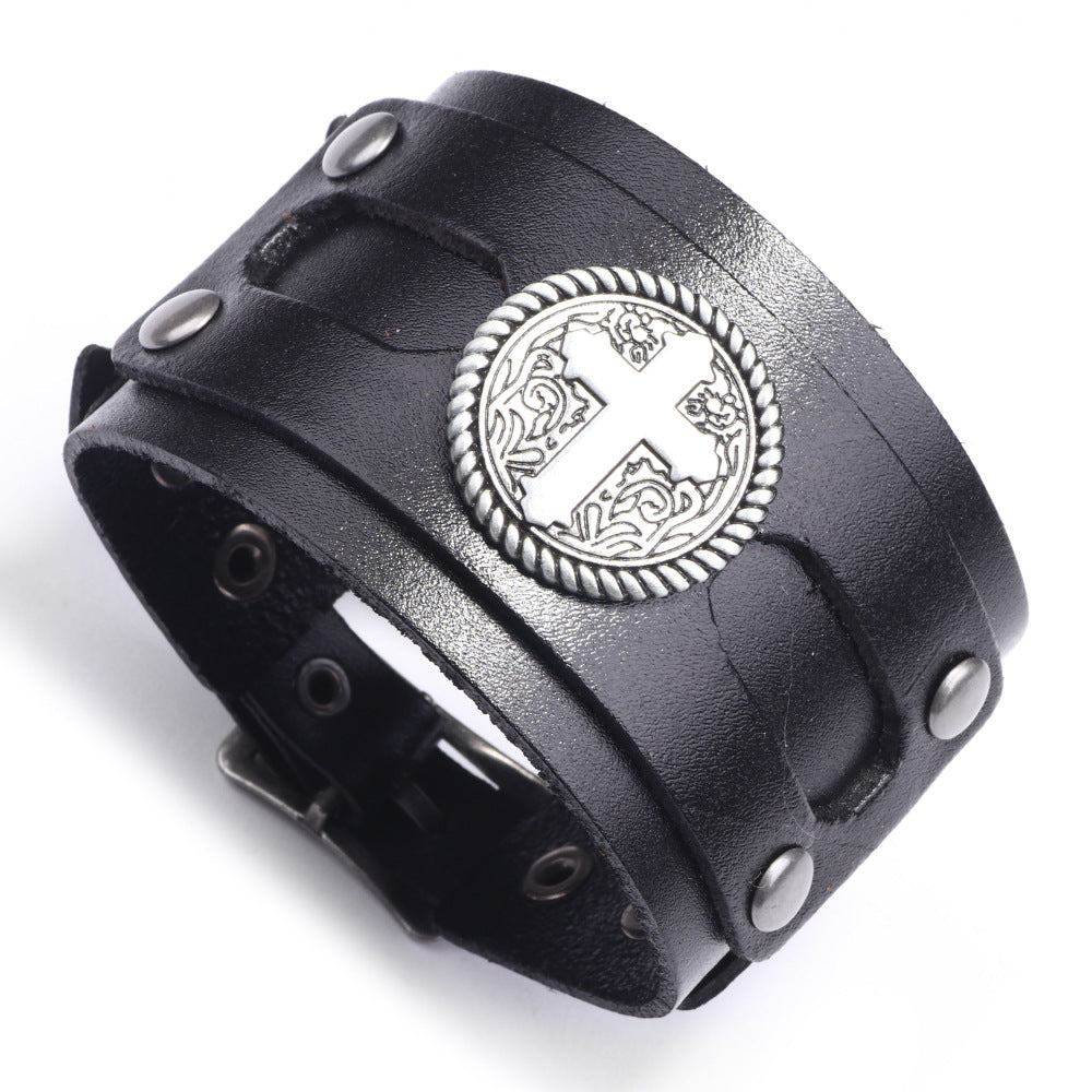 Men's Popular Punk Cattle Leather Cross Wide Bracelets