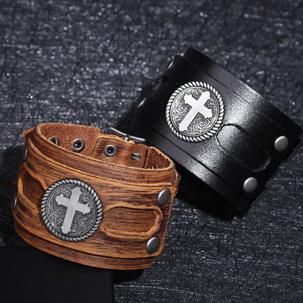 Men's Popular Punk Cattle Leather Cross Wide Bracelets