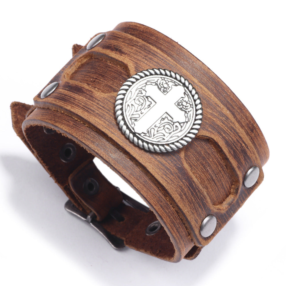 Men's Popular Punk Cattle Leather Cross Wide Bracelets