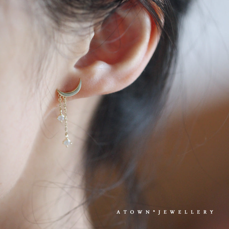 Boucles d'oreilles Moon Swing en argent sterling plaqué or avec petits diamants et zirconiums