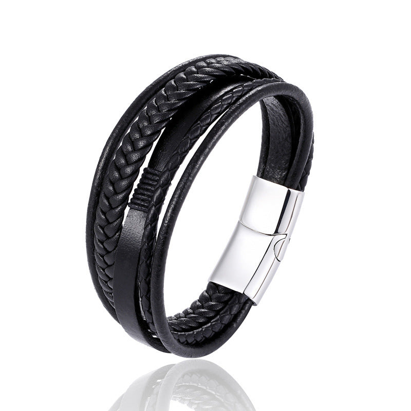 Men's Woven Leather Trendy Stainless Steel Artificial Braided Bracelets