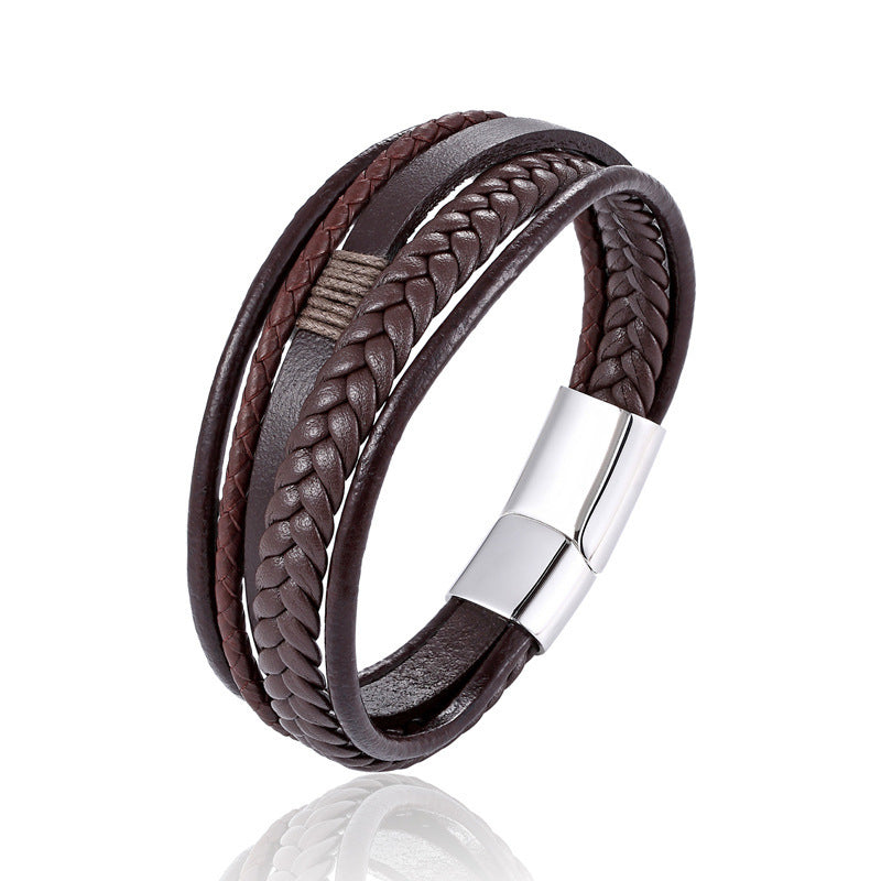 Men's Woven Leather Trendy Stainless Steel Artificial Braided Bracelets