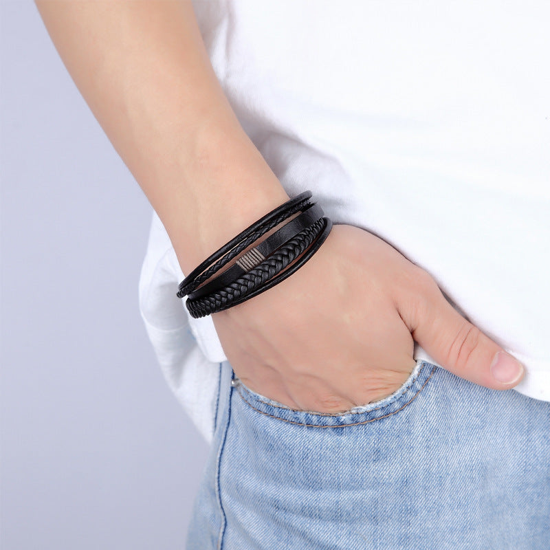 Men's Woven Leather Trendy Stainless Steel Artificial Braided Bracelets