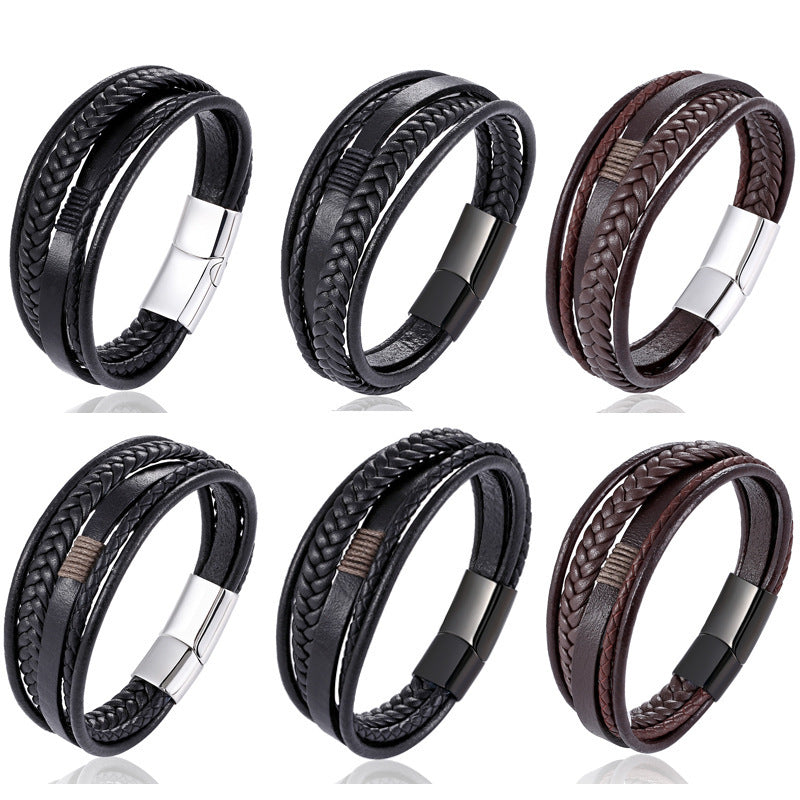 Men's Woven Leather Trendy Stainless Steel Artificial Braided Bracelets