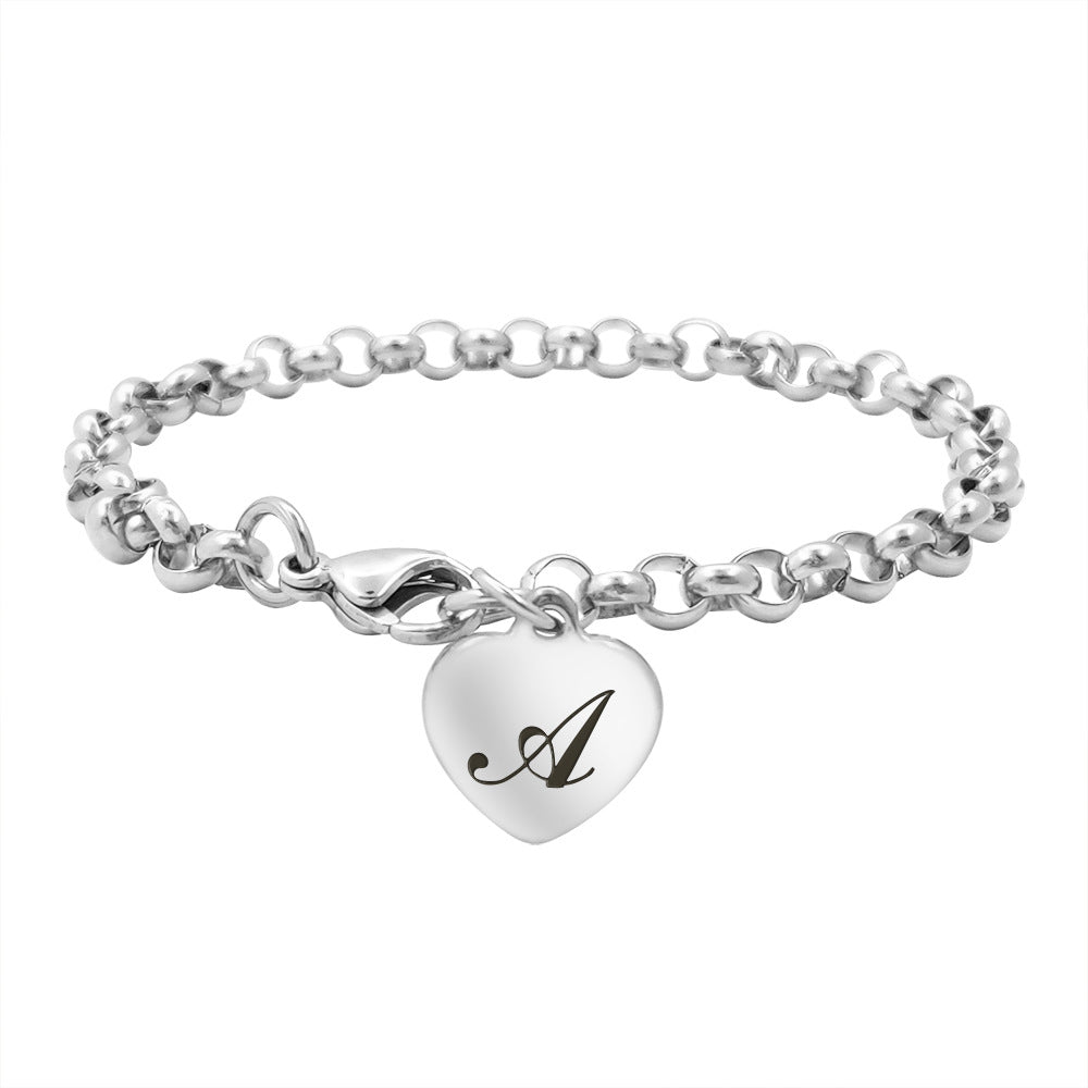 With Stainless Steel Peach Heart Pendant Glossy Initial Letter Bracelets