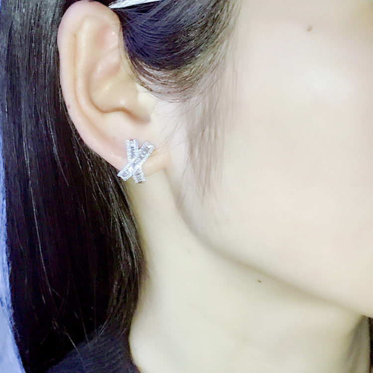 Women's Sier Needle Personalized Bow Sweet Luxury Crystal Zircon Stud Earrings