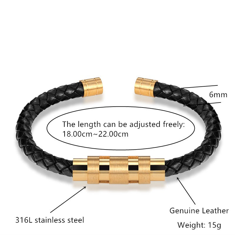 Men's Korean Black Golden Steel Color Rotating Titanium Buckle Genuine Bracelet