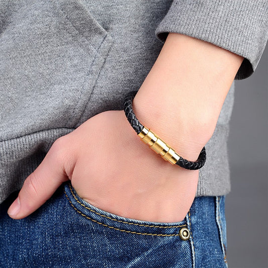 Men's Korean Black Golden Steel Color Rotating Titanium Buckle Genuine Bracelet