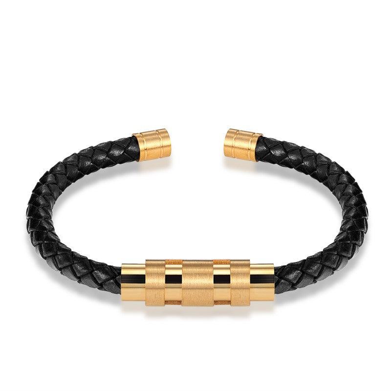 Men's Korean Black Golden Steel Color Rotating Titanium Buckle Genuine Bracelet