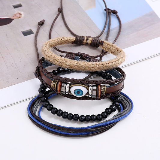 Bracelets tissés vintage en cuir de bovin à œil combiné pour hommes