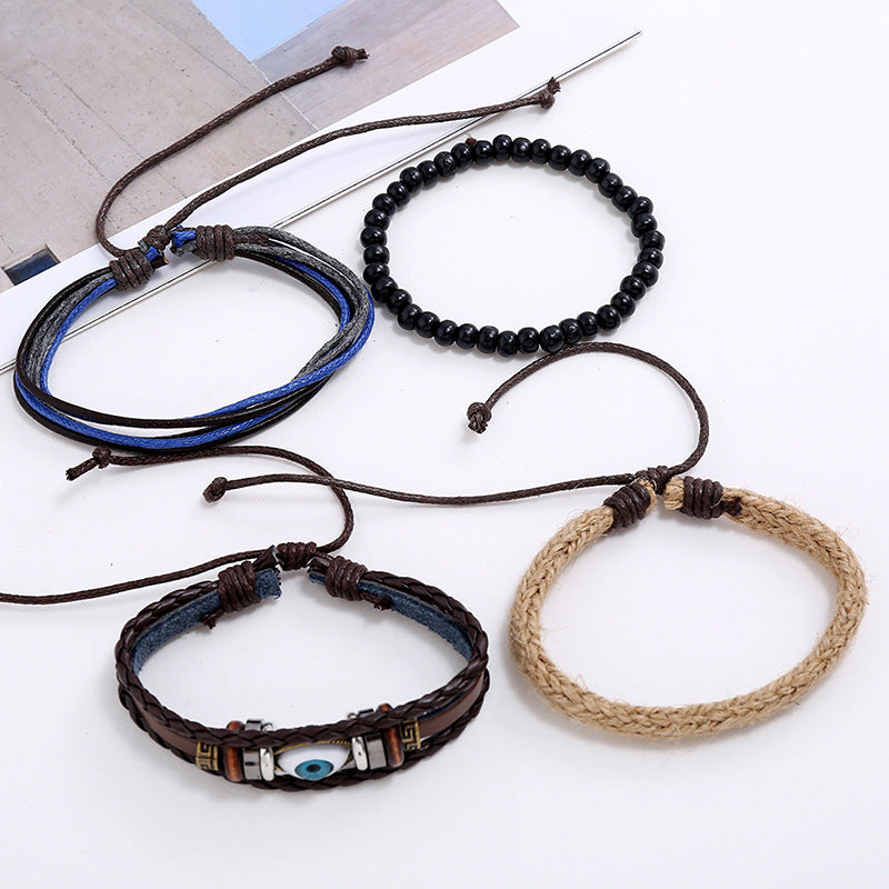 Bracelets tissés vintage en cuir de bovin à œil combiné pour hommes