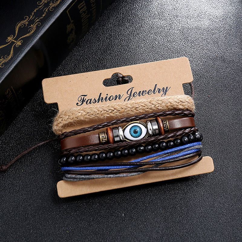 Bracelets tissés vintage en cuir de bovin à œil combiné pour hommes