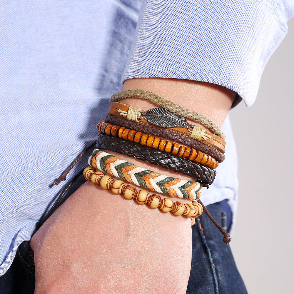 Men's Retro Set Woven Imitation Cowhide Ethnic Style Bracelets