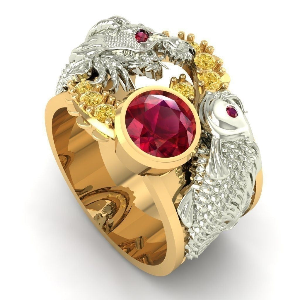 Ornament Two-color Around Dragon Ruby Elegant Rings