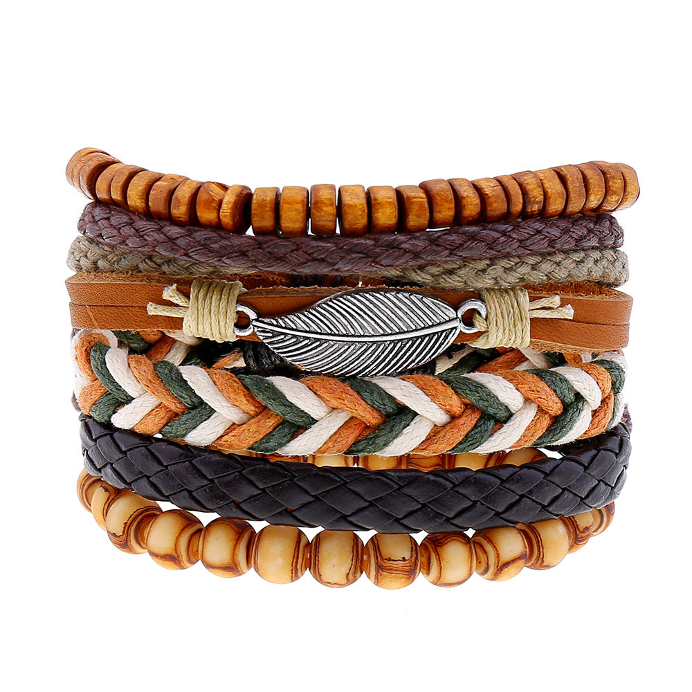 Men's Retro Set Woven Imitation Cowhide Ethnic Style Bracelets