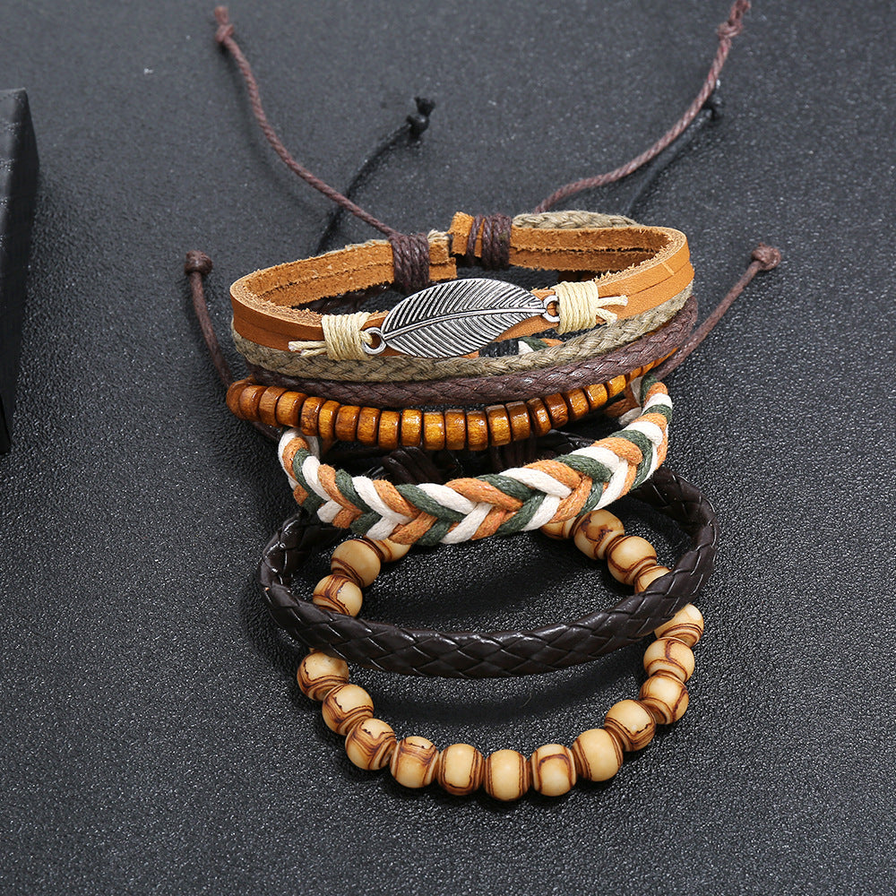 Men's Retro Set Woven Imitation Cowhide Ethnic Style Bracelets