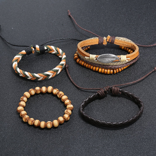 Ensemble rétro pour hommes, bracelets tissés en imitation peau de vache, style ethnique