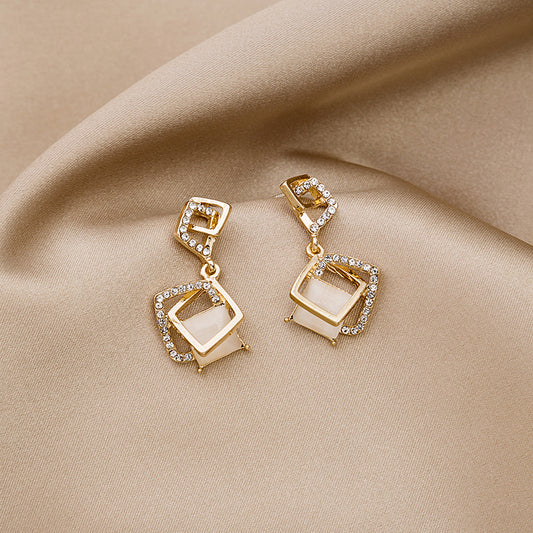 Sier Needle Geometric Square Korean Style Diamond Earrings