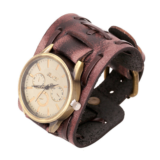 Men's Vintage Distressed Braided Leather Watch Wide Bracelets