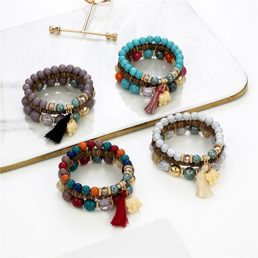 Trendy Simple Elephant Tassel Wooden Bead Bracelets