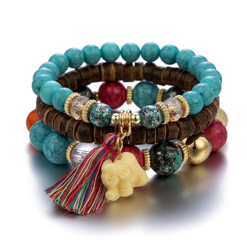 Trendy Simple Elephant Tassel Wooden Bead Bracelets