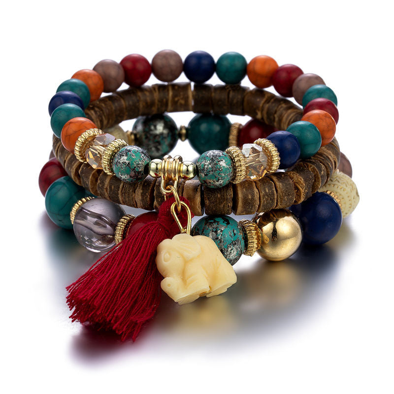 Trendy Simple Elephant Tassel Wooden Bead Bracelets